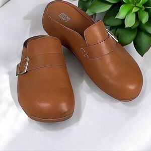 FITFLOP SIZE 10 BROWN TAN SHUV BUCKLE STRAP‎ LEATHER CLOGS SHOES